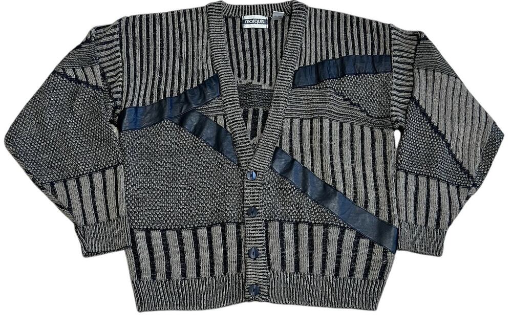 Vtg 80s Marquis Cardigan Sweater Knit Leather Academia Grandpa Grunge XL Korea